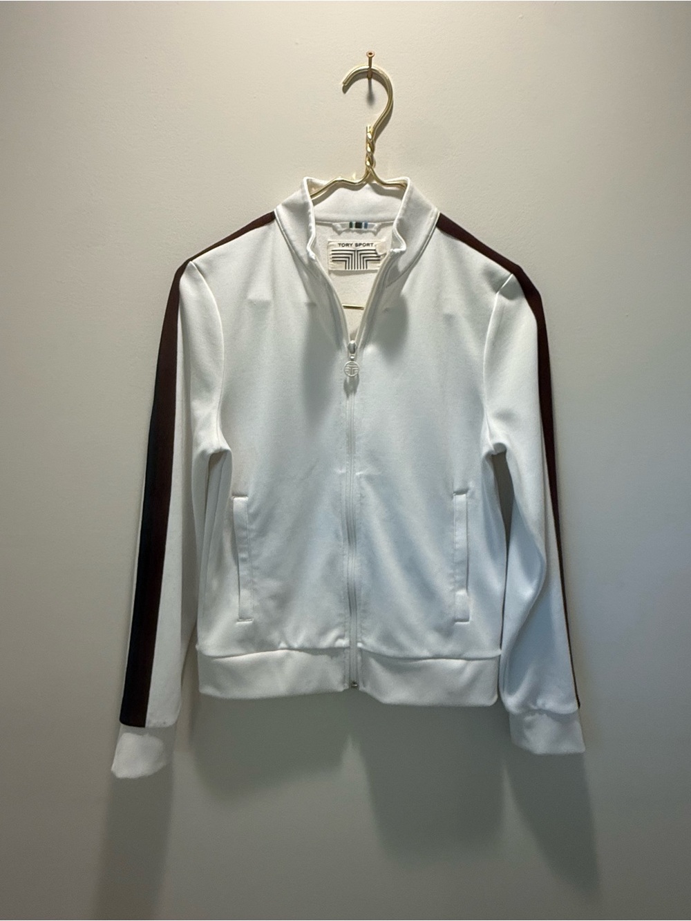 Tory Sport White Track Jacket with Dark Brown Sleeve Stripes
